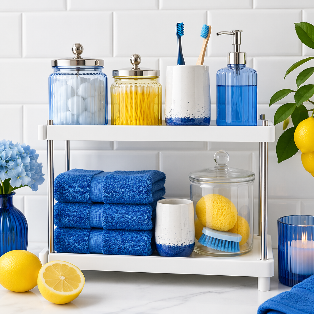 Bath reset pack with two-tier shelf and towels