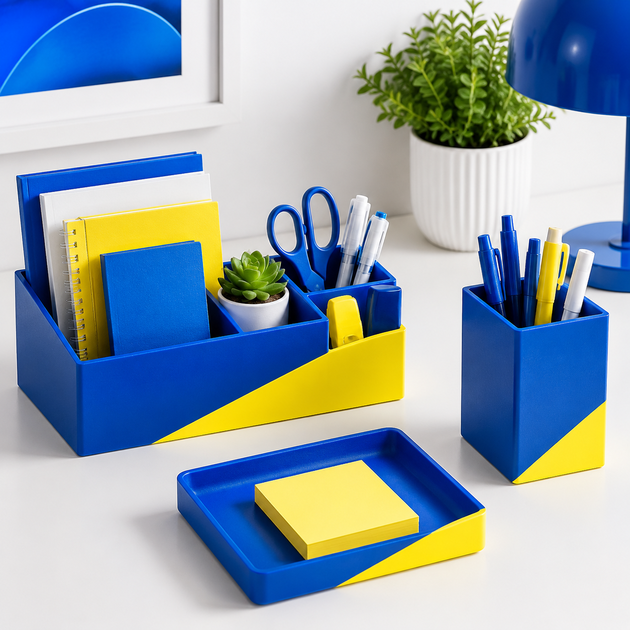 Desk reset pack with caddy, tray and notes