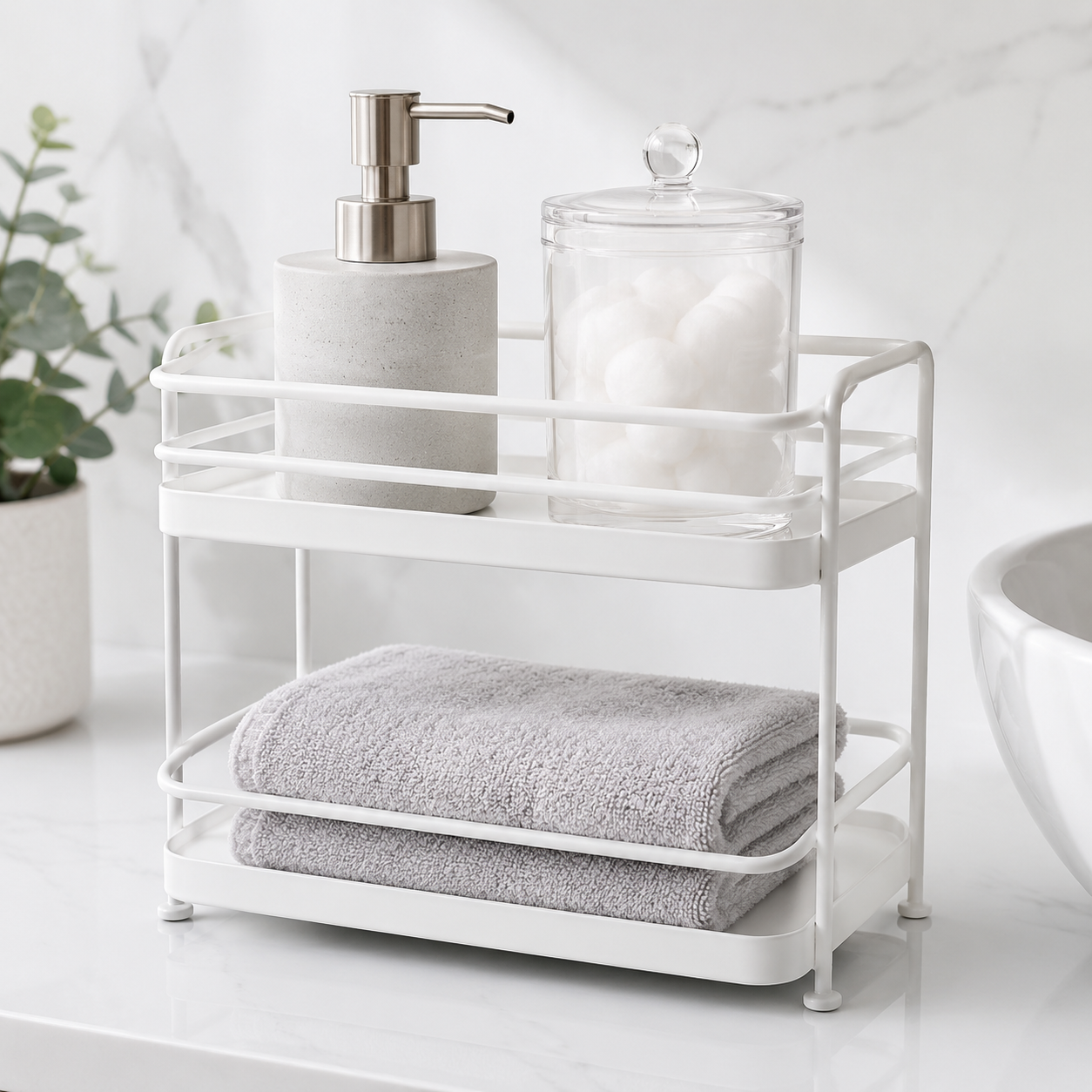 Bath Shelf Pack two-tier shelf with jars and towel